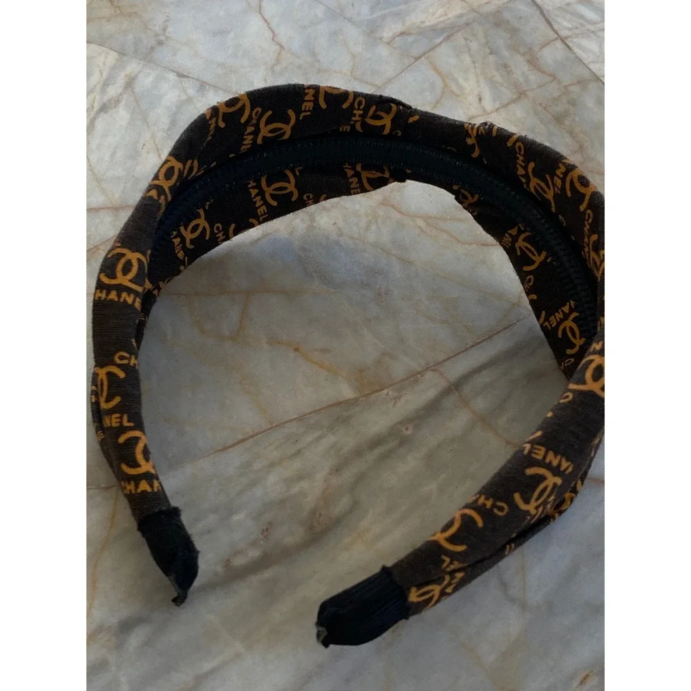 Brown Canvas Logo Print Knotted Headband Gold Tone Motif Accessory